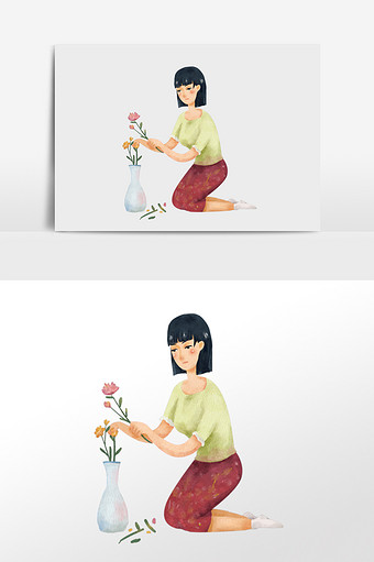 水彩手绘元素跪坐着插花的女人图片