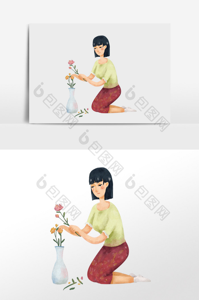 水彩手绘元素跪坐着插花的女人