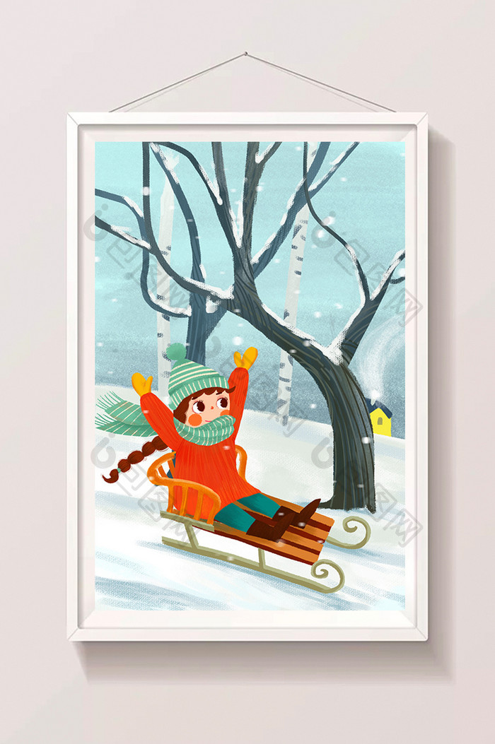 二十四节气大雪立冬滑雪女孩手绘插画海报