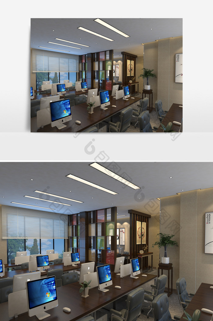 现代中式办公室效果图