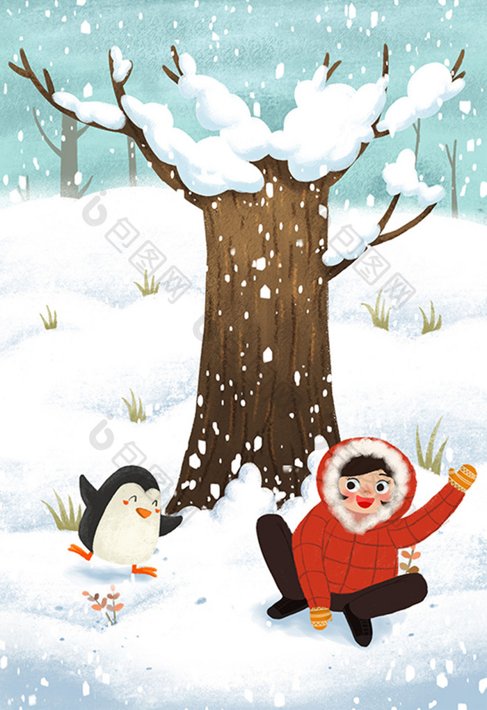 白色红色大雪森林小孩企鹅玩耍手绘插画