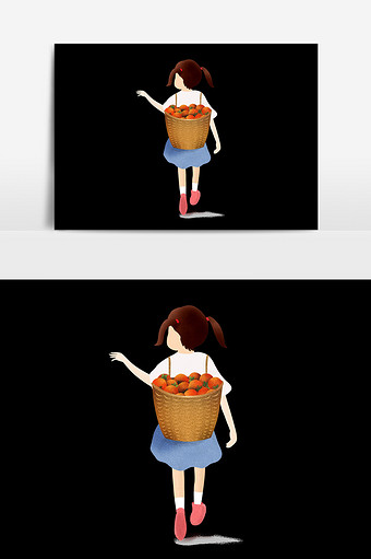 背着一筐红色水果的小女孩psd素材