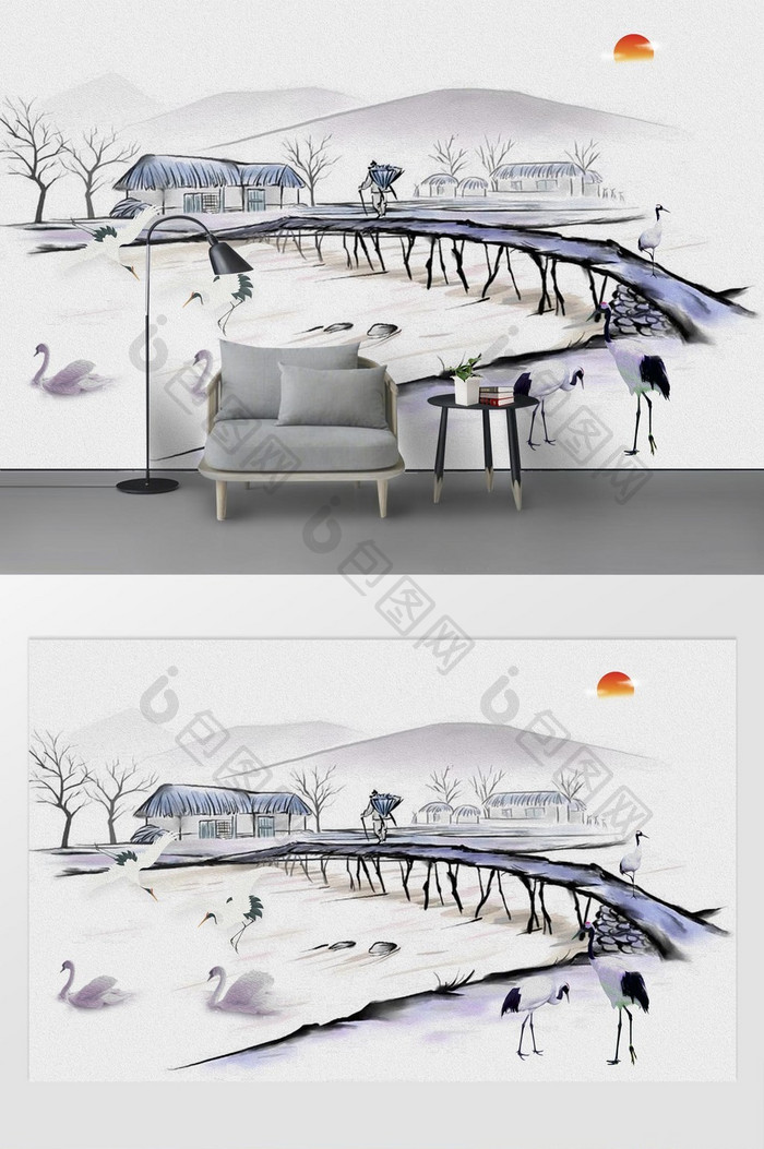 现代白鹤手绘风景背景墙