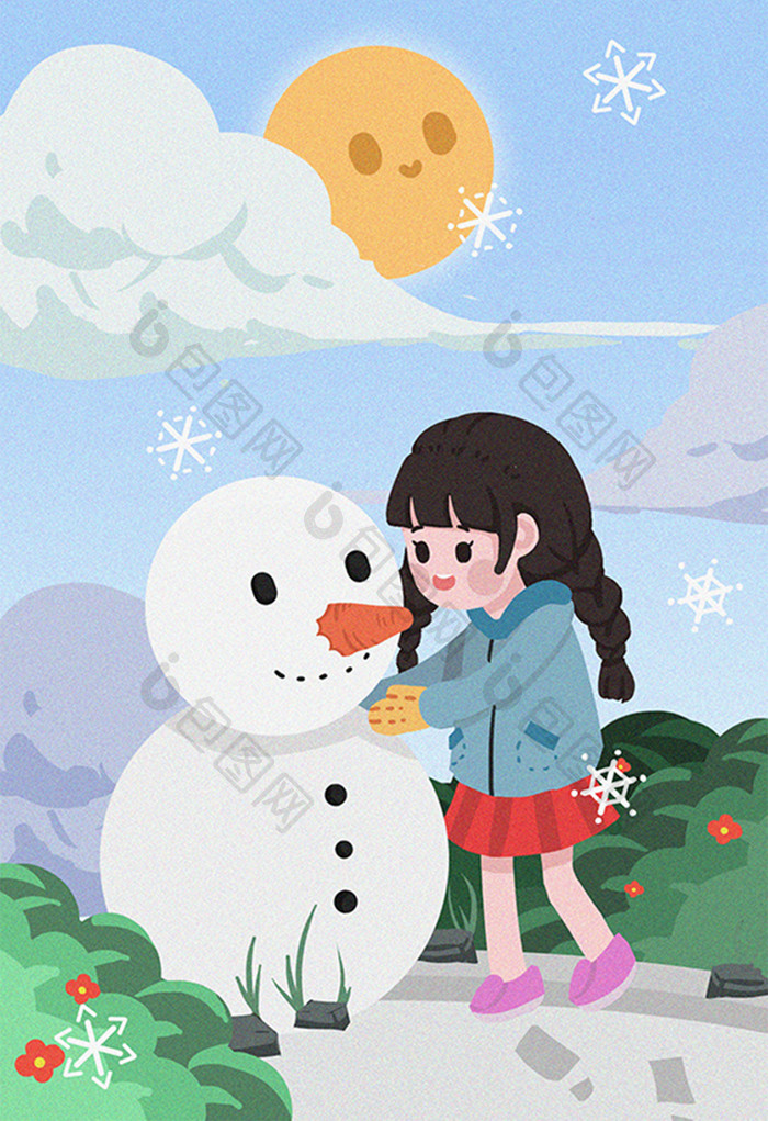 二十四节气小雪女孩堆雪人插画