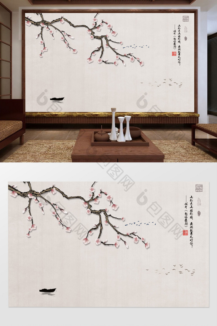 新中式手绘工笔花鸟背景墙