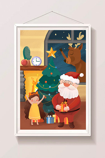 圣诞节圣诞老人和小女孩插画图片