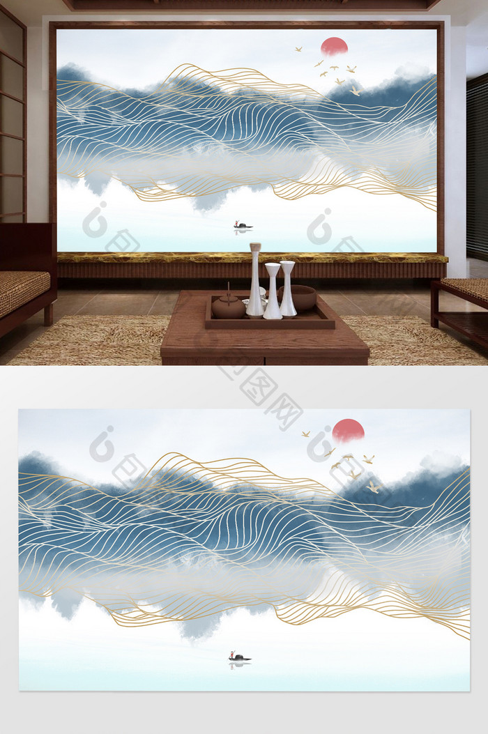 中国风手绘唯美抽象山水背景墙