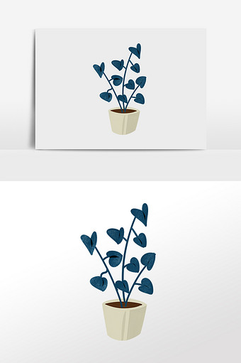 手绘蓝色小叶子花盆可爱水彩艺术感图片