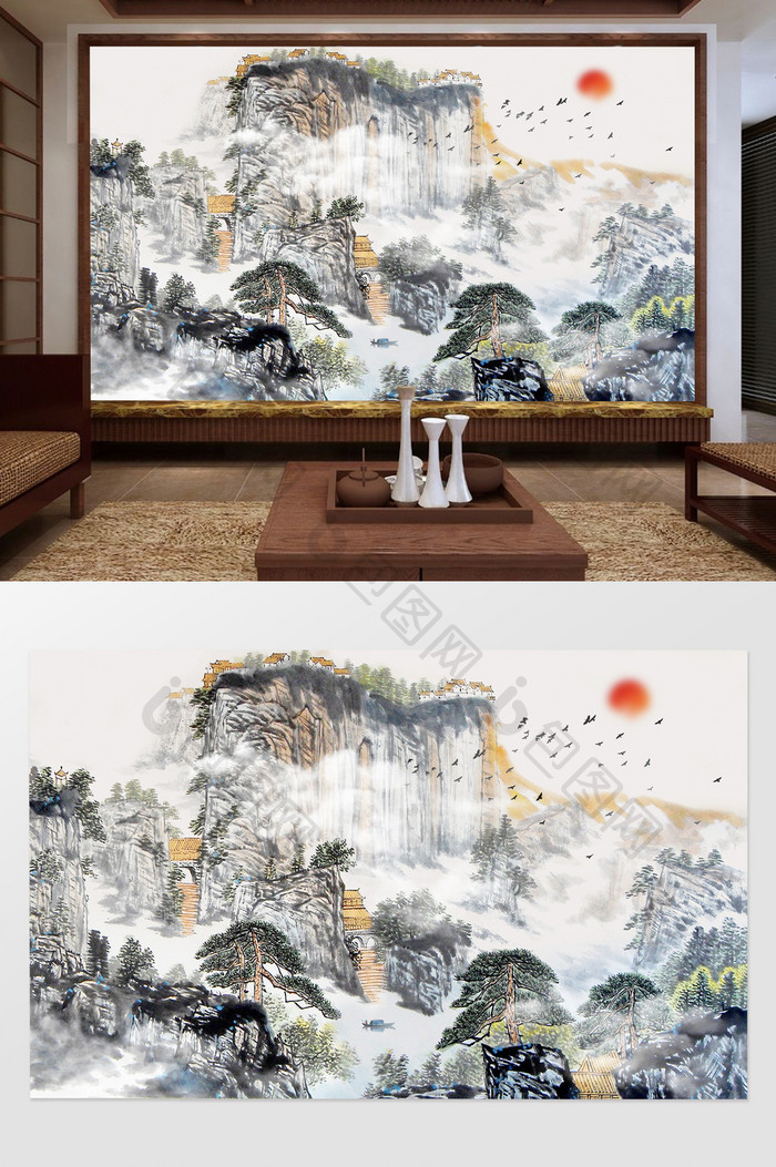 中国风抽象水墨山水瀑布电视背景墙