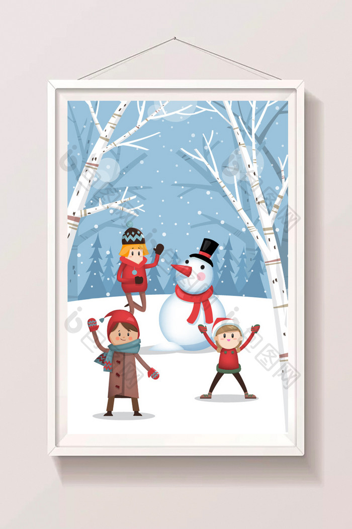 卡通冬天下雪孩子们打雪仗堆雪人