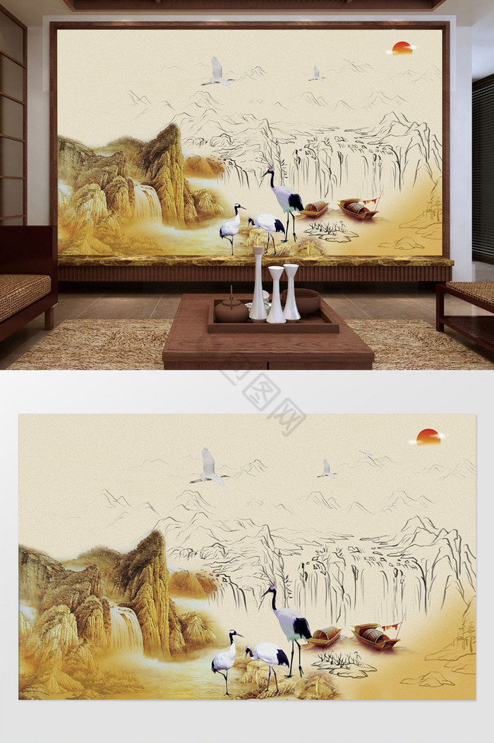 中式山水白鹤电视背景墙图片