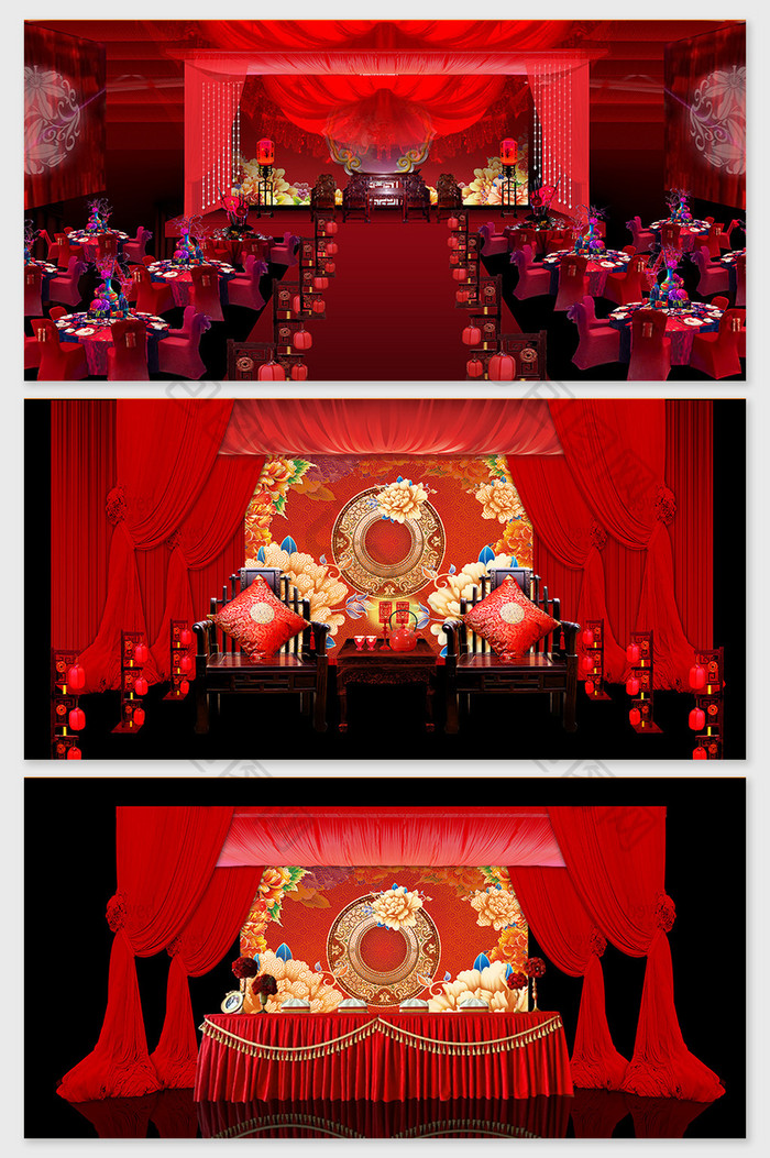 传统中式红色牡丹婚礼效果图