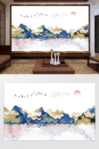 创意新中式水墨抽象山水日出背景墙定制图片