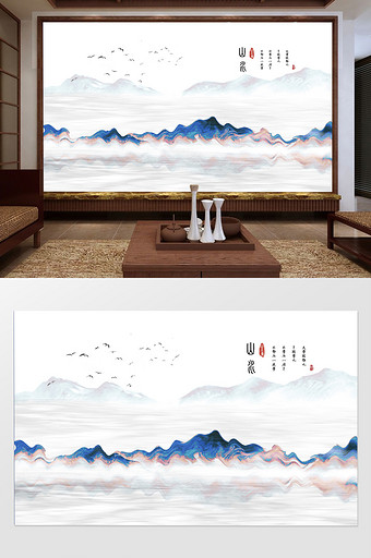 新中式水墨抽象山水远山背景墙定制图片