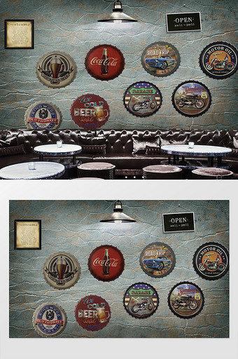 复古工业风啤酒瓶盖墙面酒吧工装背景墙图片