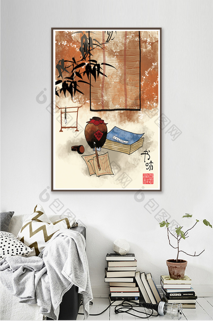 文艺水墨民俗风景创意书房餐厅装饰画-文艺水墨民俗风景创意书房餐厅装饰画效果图-【包图网】