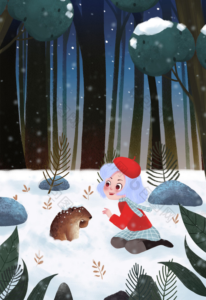蓝色红色雪地森林夜晚小孩鼹鼠玩耍插画