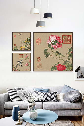 中国风水墨手绘花鸟工笔装饰画图片