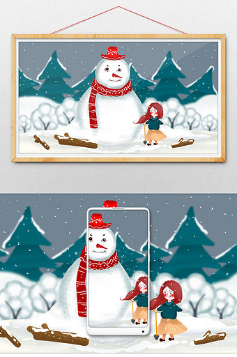 白色文艺大雪节气堆雪人的小女孩插画图片