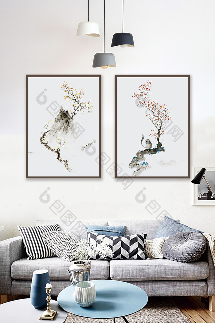 中国风水墨手绘桃花树山水装饰画