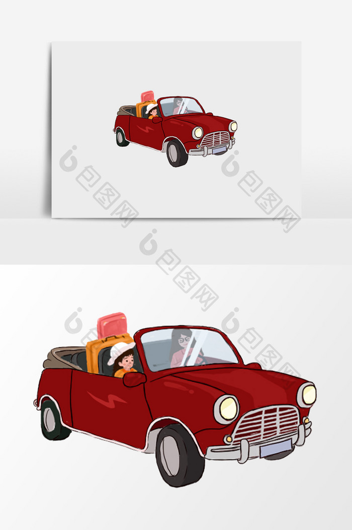 手绘红色轿车插画元素
