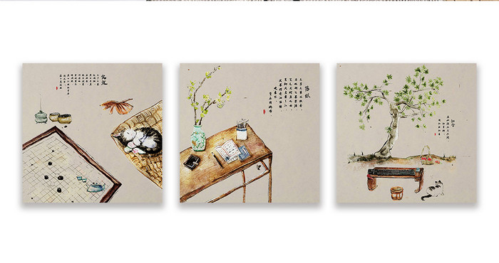 中国风手绘民俗猫咪动物禅意装饰画