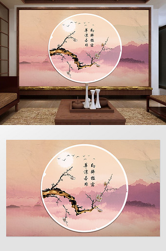 新中式圆形装饰山峦花枝定制电视背景墙图片