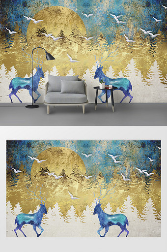 现代北抽象意境金色松树林飞鸟小鹿电视背景图片