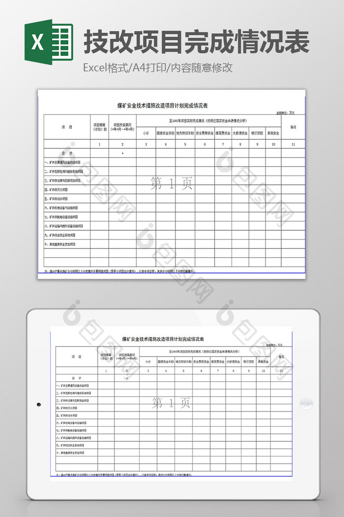 技改项目计划完成情况表excel模板