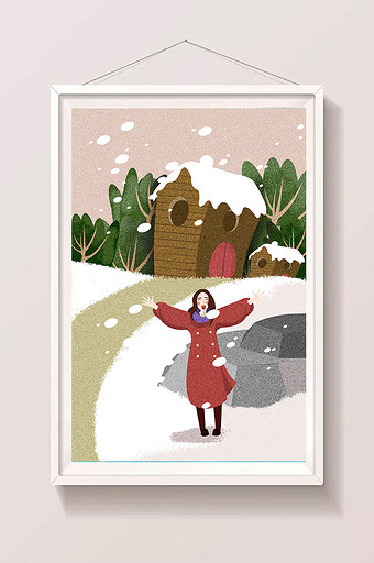 暖色温馨二十四节气大雪女孩唯美插画图片