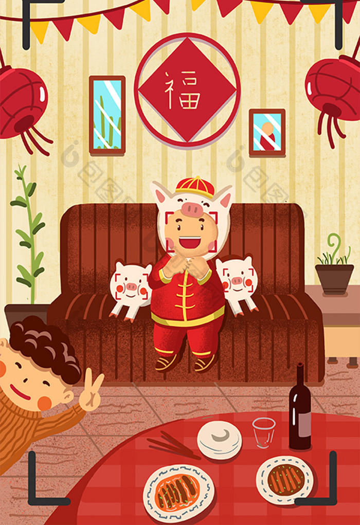 红色春节喜庆猪年春节唯美手绘插画
