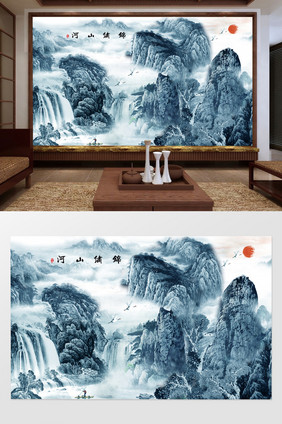 中式风景山水流水生财沙发背景墙装饰画