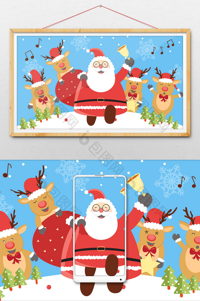 圣诞老人驯鹿送礼插画图片图片