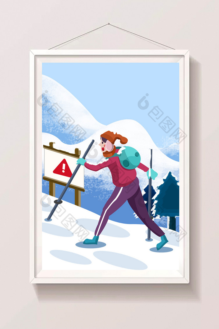 小清新大雪节气女孩滑雪插画