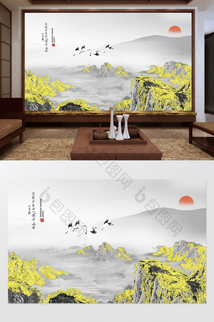 新中式金色山峦飞鸟定制电视背景墙