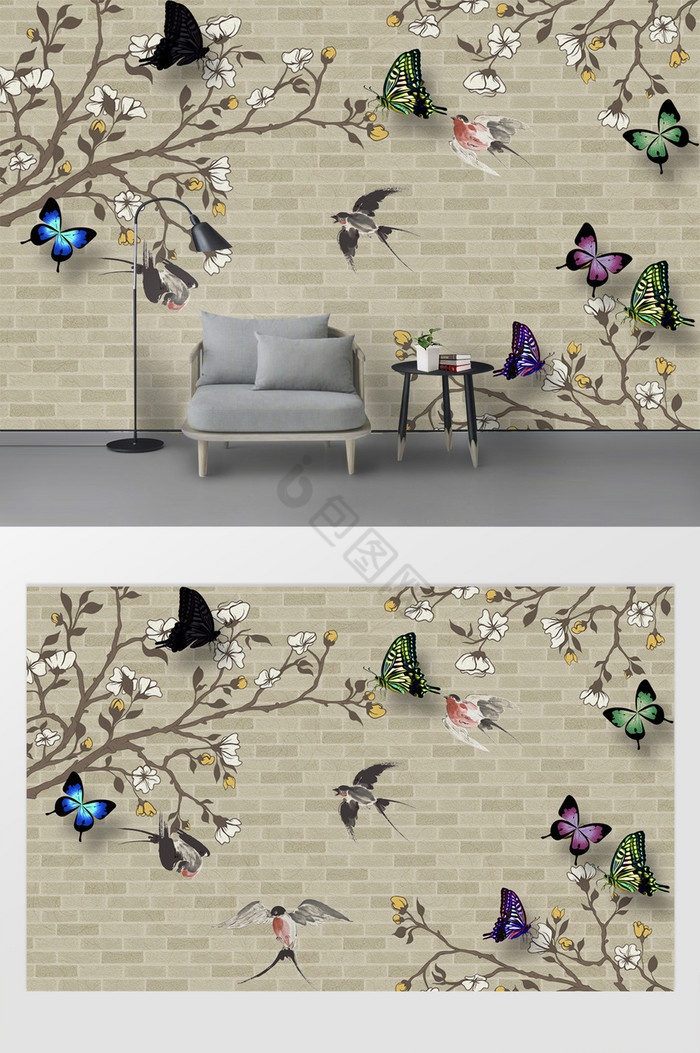 现代手绘燕子蝴蝶背景墙图片