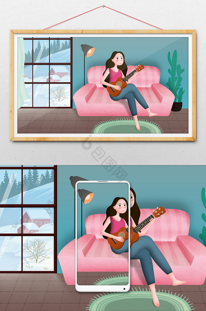 冬季下雪内室女孩插画图片