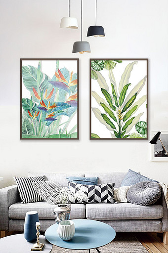 现代北欧油画金箔植物绿叶装饰画图片