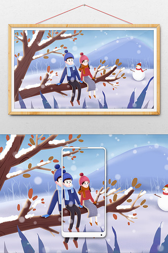 冬季情侣户外赏雪插画图片