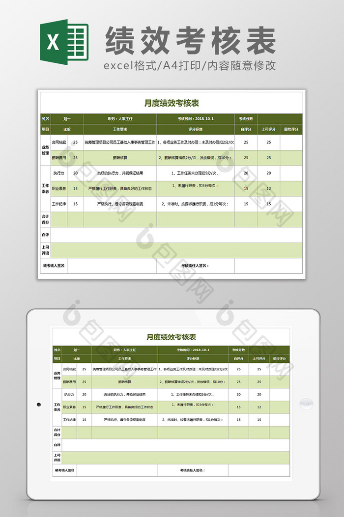 绿色简洁月度绩效考核表Excel模板