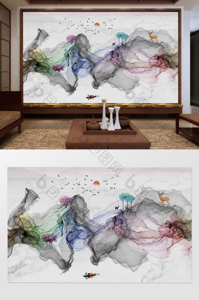 中式抽象水墨烟雾山水艺术电视背景墙