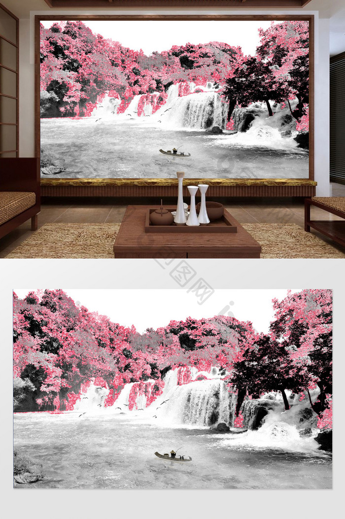 中式抽象水墨山水瀑布电视背景墙
