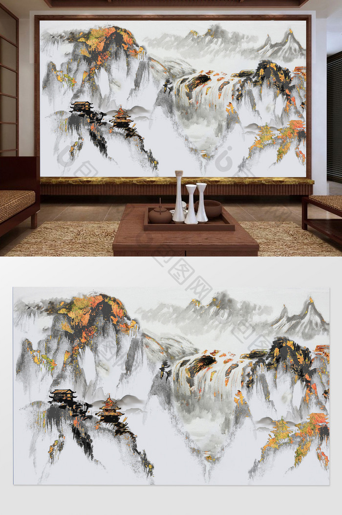 中国风抽象水墨山水流水电视背景墙