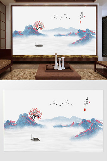 新中式水墨抽象山水壁画定制图片