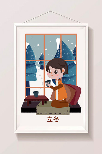 卡通唯美立冬手绘下雪24节气海报插画图片