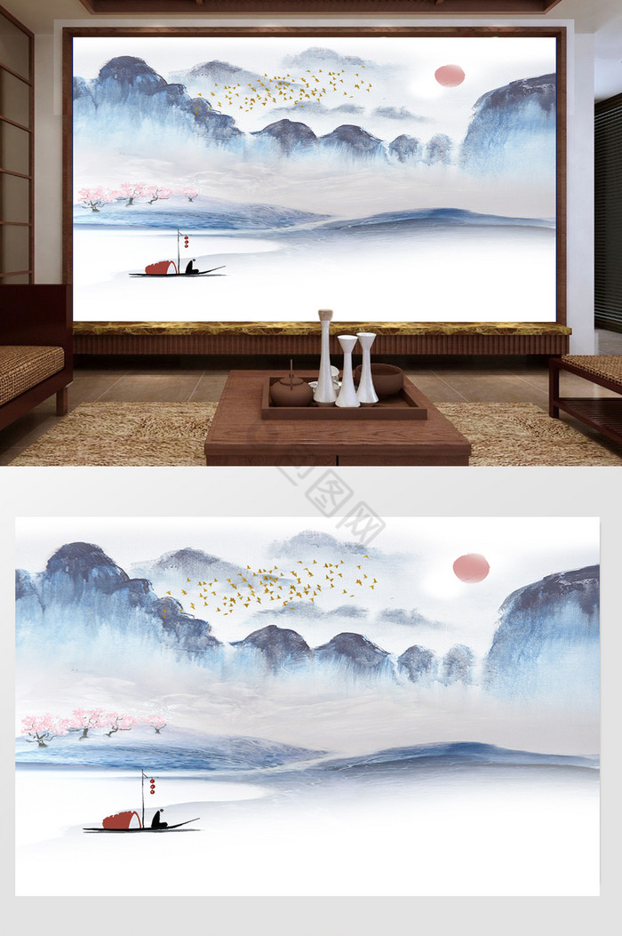新中式蓝墨飞鸟日出背景墙图片
