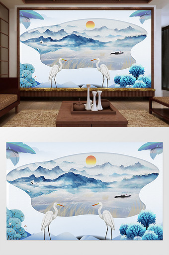 中式唯美油画山水画白鹭电视背景墙图片