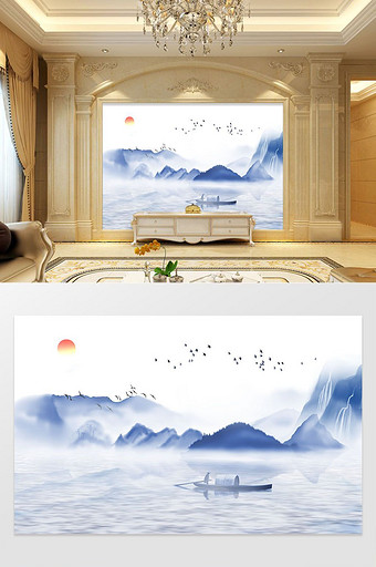 中国风水墨山水风景飞鸟电视背景墙图片