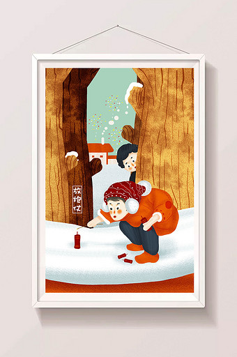 原创白色大雪放炮仗的小男孩插画图片