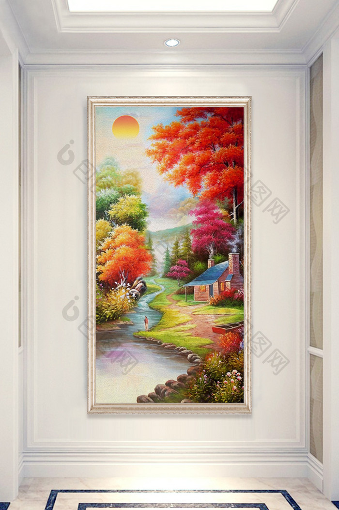 中式秋季树林流水生财艺术玄关装饰画